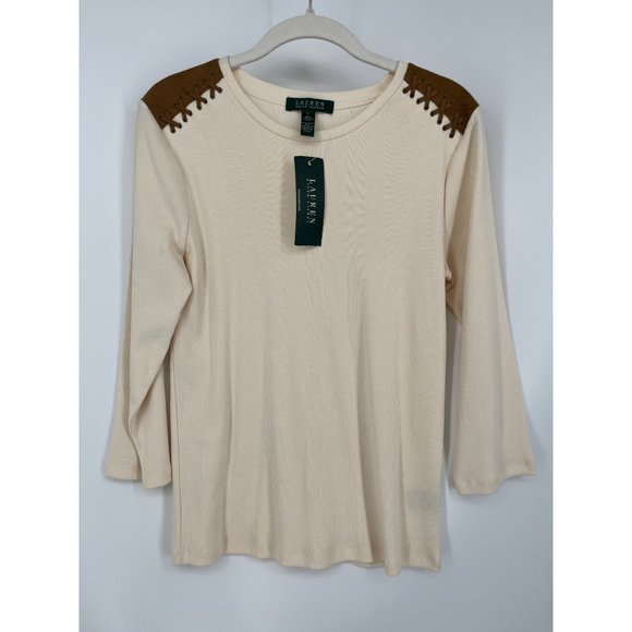 Lauren Ralph Lauren Tops - Ralph Lauren Ribbed Clara Knit Top Size L NWT 3/4 Sleeve Suede Accent Ivory